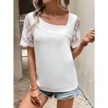 Lace Short Sleeve T Shirt for Women Solid Color Asymmetrical Neckline Fresh and Sweet Style Perf