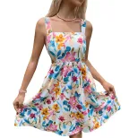 Summer Floral Print Midi Dress Colorful Design French Country Style Adjustable Straps Perfect fo