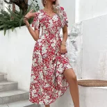 Floral Print V Neck Dress for Women Summer Casual Style Lightweight Fabric Available in Red Wholesale Options