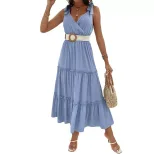 Summer Casual Dress Solid Color Ruffled Hem High Waist Sleeveless Beach Vacation Wear Wholesale