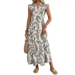 Casual Floral Print V Neck Short Sleeve Cake Dress Bohemian Style Perfect for Summer Vacations W