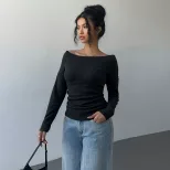 V Neck Long Sleeve Ribbed Knit Top Soft Fabric Slim Fit Solid Color Casual Wear for Women Wholes