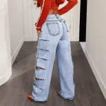 Wide Leg Denim Jeans Fashionable Loose Fit Hollow Out Design Versatile Style Casual Wear for Wom