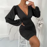 Womens Sexy V Neck Dress Waist Defining Pleated Slim Fit High Waisted Spring Summer Fashion Whol
