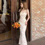 Retro Square Neck Rose Backless Dress Sweet and Spicy Style Autumn Collection Wholesale Availabl