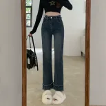 速卖通牛仔裤女2023春秋新款韩版复古高腰直筒毛边显瘦阔腿九分裤