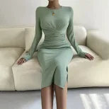 Womens Long Sleeve Bodycon Midi Dress Round Neck Slim Fit Elegant Style Perfect for Parties and