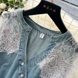 V Neck Lace Panel Short Sleeve Denim Dress for Women Slim Fit Summer Style Available in Blue Wholesale Sizes M to XXL