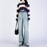 渐变撞色牛仔裤女2022秋冬新款韩版高腰显瘦设计感垂感阔腿拖地裤