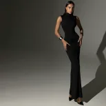 Sleeveless High Neck Bodycon Dress Solid Color Mermaid Hem Elegant Fit Perfect for Parties and F