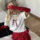 Womens Vintage Bow Print T Shirt Summer Casual Style Loose Fit Round Neck Short Sleeve 100 Cotto