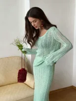Two Piece Set Hollow Knit Skirt and Long Sleeve Top French Vacation Style Cotton Casual Ready to