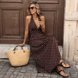 Vintage Polka Dot Maxi Dress Halter Neck V Neck Sleeveless Retro Style Perfect for Summer Vacati