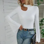Slim Fit Long Sleeve Hollow Out Bell Sleeve T Shirt Elegant Design Autumn Winter Fashion Wholesa