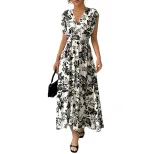 Elegant Black and White Floral Print Sleeveless Dress V Neck Trendy Design Perfect for Summer Ev