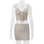 Vintage Inspired Womens Summer Outfit V Neck Plaid Cami Top Bodycon Mini Skirt Set Perfect for C