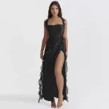 Fashionable Womens Dress Ruffled Trim Split Design Elegant Style Summer and Autumn Collection Wh