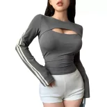 Womens Color Block Short Sleeve T Shirt Slim Fit Two Piece Look Contrast Stripes Autumn Winter C
