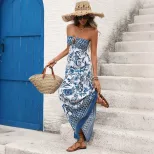 Bohemian Strapless Geometric Print Dress Vintage Style Sleeveless Lightweight Fabric Perfect for