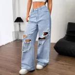 Loose Fit Butterfly Embroidered Ripped Denim Pants Womens Casual Style Perfect for Everyday Wear