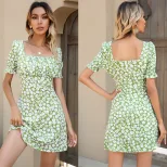 Floral Ruffle Dress Off Shoulder Fresh Country Style Green Fabric Summer Occasion Wholesale Avai