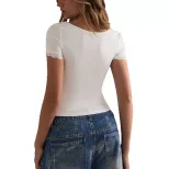 Womens Summer Top White Lace Panel Short Sleeve T Shirt Elegant Square Neck Slim Fit Versatile S