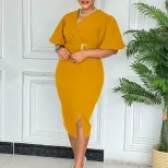 Fashionable V Neck Puff Sleeve Bodycon Dress Solid Color Waist Defined Side Slit Perfect for Par