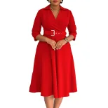 Plus Size Womens Dress Autumn Collection Stylish Lapel Design Solid Color Flared Skirt Wholesale