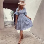 Blue Floral Print V Neck Summer Dress for Women Fresh and Sweet Style Available in Multiple Sizes Wholesale Supply