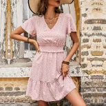 Floral Midi Dress Elegant Sweet Style Pink Color Ruffled Hem V Neck Perfect for Spring Summer Ev