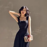 Fashionable Womens Fall Winter Dress Square Neck Ruffled Hem Waist Defining Sheer Fabric Perfect