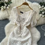 Elegant Womens Dress Summer French Style Short Sleeve Lace Bodycon with Square Neck