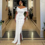 Womens Elegant Solid Color Dress Off Shoulder Split Hem Flowing Ribbons Casual or Party Wear Who
