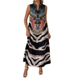 Vintage Style Sleeveless Zebra Print Dress Stand Collar Bohemian Design Elegant Look Perfect for
