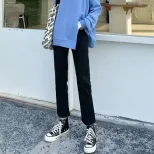 2022黑色高腰直筒牛仔裤女春秋季宽松显瘦九分微喇烟管裤胖MM裤子