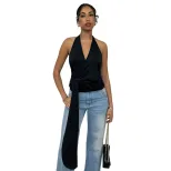 French Style Womens Summer Top Unique Halter Neck Deep V Backless Design Casual Wear for Fashion