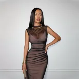Sheer Mesh Sleeveless Maxi Dress Slim Fit Elegant Style Perfect for Parties or Evening Events Wh