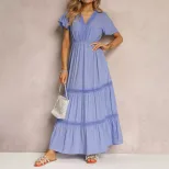 Elegant V Neck Ruffle Sleeve Dress Solid Color Lace Trim Chic Design Perfect for Parties or Casu