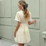 V Neck Short Dress Solid Color Jacquard Fabric Waist Defined Casual Wear for Young Women OEM Ava