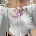 Off Shoulder Long Sleeve Top Sexy Cropped Adjustable Tie Versatile for Fall Fashion Wholesale Av