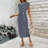 Elegant Striped Maxi Dress Waist Tie Round Neck Short Sleeve Summer Fashion for Women Wholesale