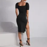 Sexy Ruched Bodycon Knit Dress Square Neck Short Sleeve Side Slit Spring Summer Fashion Wholesal