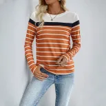 Womens Long Sleeve Striped T Shirt Casual Round Neck Soft Fabric Autumn Wear custom packaging