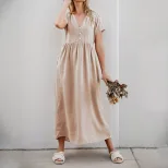 Casual Loose Button V Neck Solid Color Dress New Arrival European and American Style Perfect for