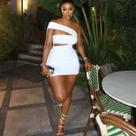 Casual Bodycon Dress Solid Color Asymmetrical Neckline Off Shoulder Patchwork Design Trendy for