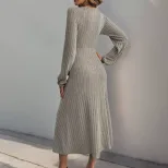 Knit Midi Dress Solid Color A Line Long Sleeve Comfortable Fabric Autumn Winter Fashion Wholesal