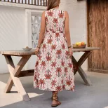 Tropical Floral Print Maxi Dress Sleeveless V Neck Flowy Design Perfect for Vacation or Resort W