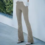 High Waisted Corduroy Slim Fit Flare Pants Solid Color Elastic Waist Casual Style Spring Summer