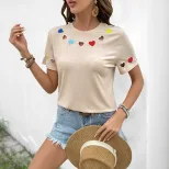Embroidered Heart Cut Out Short Sleeve T Shirt for Women Sweet Style Casual Look Perfect for Dat