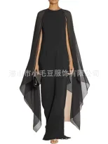 欧美跨境雪纺连衣裙 外贸时尚纯色披肩开叉不规则礼服长裙